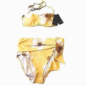 NEW Ralph Lauren Two Piece Bikini Swimsuit Bandeau Sash Tie Floral Yellow Size 2